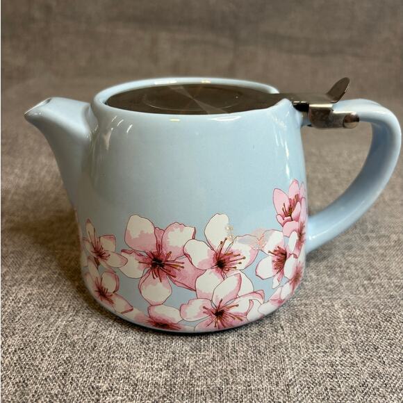 Blue Teapot w/ Cherry Blossoms.  Ceramic with steel Infuser. - Picture 1 of 8